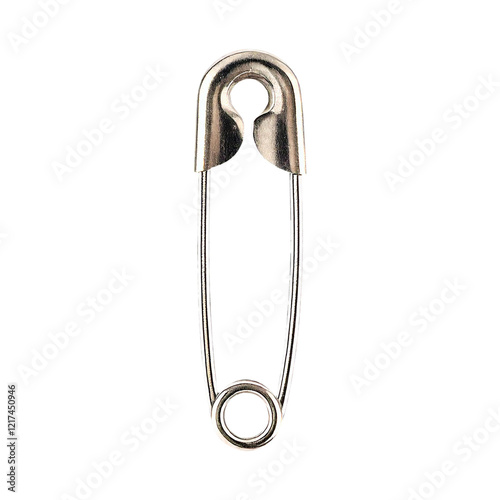 Shiny silver safety pin closed ready to be used for attaching clothes or other materials. Insulated on transparent or white background.