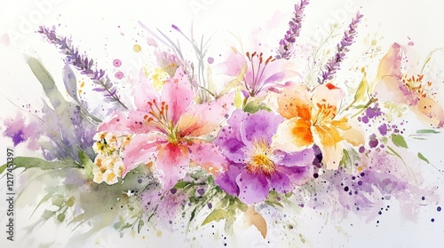 Fototapeta Naklejka Na Ścianę i Meble -  Watercolor painting of pink, purple, and orange lilies and lavender.