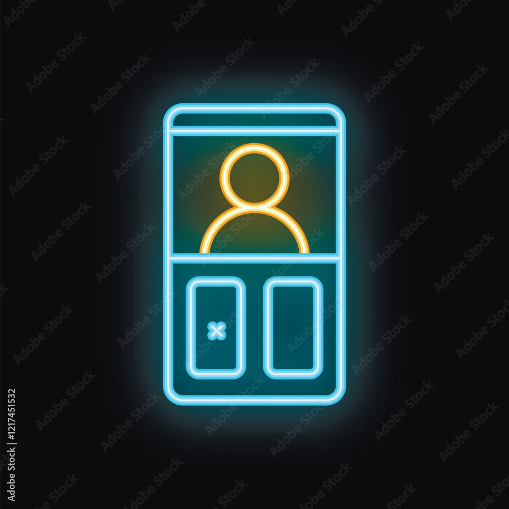 Glowing neon icon of a smartphone displaying a user profile with the option to delete the account, symbolizing online privacy and data security Glowing neon icon of a smartphone displaying a user profile with the option to delete the account, symbolizing online privacy and data security