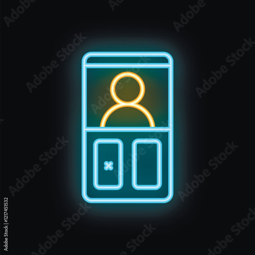 Glowing neon icon of a smartphone displaying a user profile with the option to delete the account, symbolizing online privacy and data security