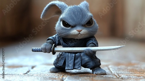 Angry grey rabbit ninja holding katana.