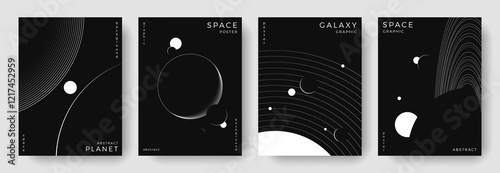 Set of abstract space astronomy backgrounds. Line art galaxy, solar system, planet, black hole. Science future concept. Cosmic minimalist design for cover, poster, layout, banner, flyer, brochure