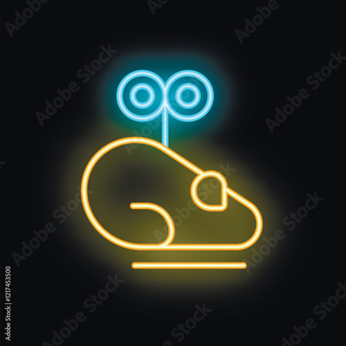 Neon icon of a wind up toy mouse glowing on dark background photo