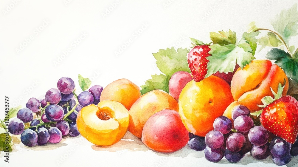 Watercolor painting of ripe peaches, grapes, and strawberries. Watercolor painting of ripe peaches, grapes, and strawberries.