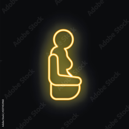 Yellow neon sign of a pregnant woman sitting in side view on a black background