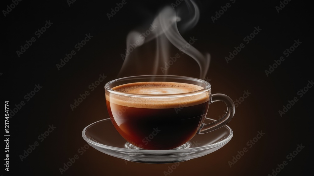 A steaming cup of coffee on a glass saucer, exuding warmth and inviting comfort with delicate smoke curling upward against a dark background. A steaming cup of coffee on a glass saucer, exuding warmth and inviting comfort with delicate smoke curling upward against a dark background.