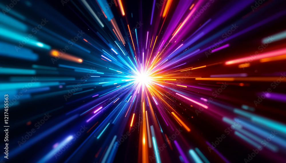 Obraz premium Colorful burst of light radiates in multiple directions from a central point creating a vibrant abstract visual effect