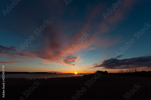 Early morning clouds at sunset time in spring in Pori, Finland photo