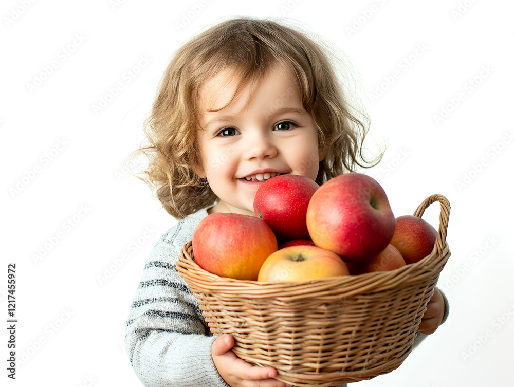Adorable little girl holding a basket full of ripe red apples with a bright smile, symbolizing the sweetness of childhood and the joy of simple pleasures Adorable little girl holding a basket full of ripe red apples with a bright smile, symbolizing the sweetness of childhood and the joy of simple pleasures