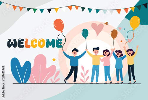 Cheerful welcome banner with smiling people holding balloons, festive decoration, and vibrant colors.
 Ideal for celebration, greeting, party, community event, inclusivity, and joyful gathering themes