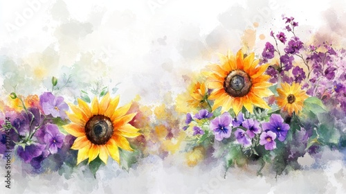 Fototapeta Naklejka Na Ścianę i Meble -  Watercolor painting of sunflowers and pansies.