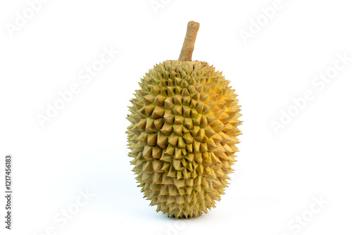 Fotografie Durian fruit shown whole with its characteristic spiky skin on a white background, highlighting its exotic appearance and texture