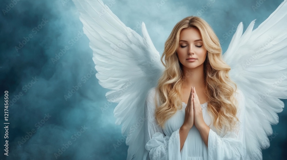 Serene Angelic Figure with Feathered Wings in a Mystical Cloudy Background Serene Angelic Figure with Feathered Wings in a Mystical Cloudy Background
