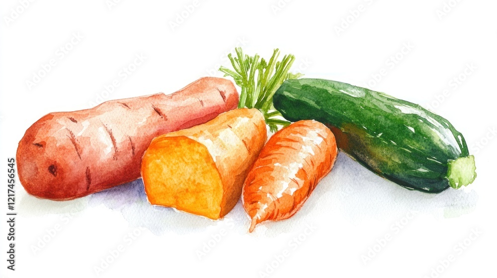 Watercolor painting of sweet potato, carrot, and zucchini. Watercolor painting of sweet potato, carrot, and zucchini.