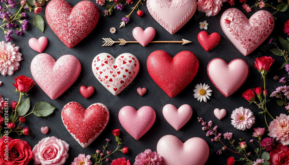 Obraz premium Decorative heart-shaped items with flowers create a romantic atmosphere for Valentine's Day celebration