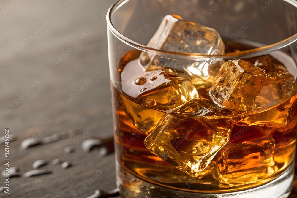 Whiskey Glass with Ice Cubes on Wooden Surface Whiskey Glass with Ice Cubes on Wooden Surface