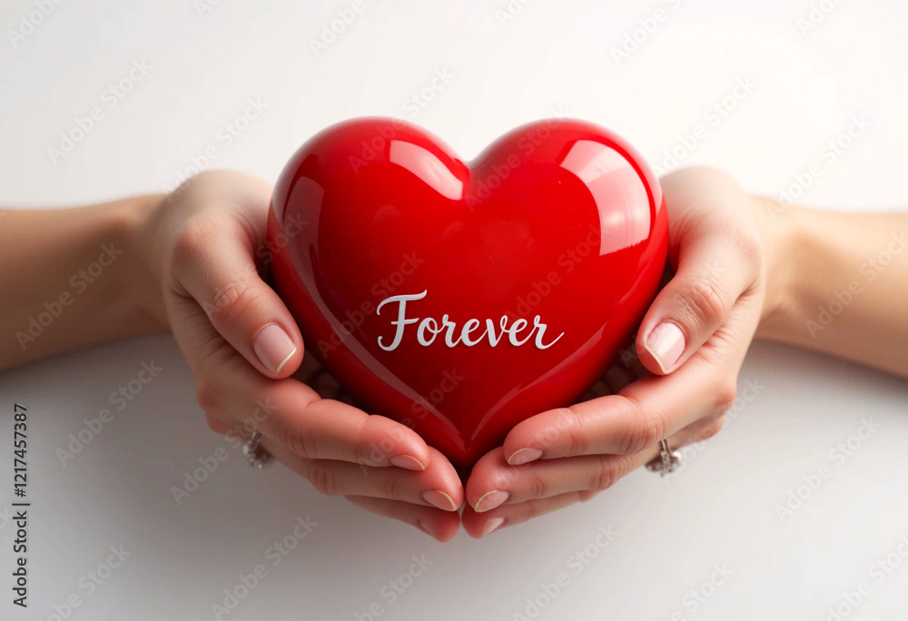 A pair of elegant hands gently holding a glossy red heart with the word A pair of elegant hands gently holding a glossy red heart with the word