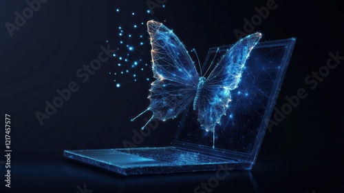 Digital butterfly emerging from laptop, representing technological innovation and transformation.