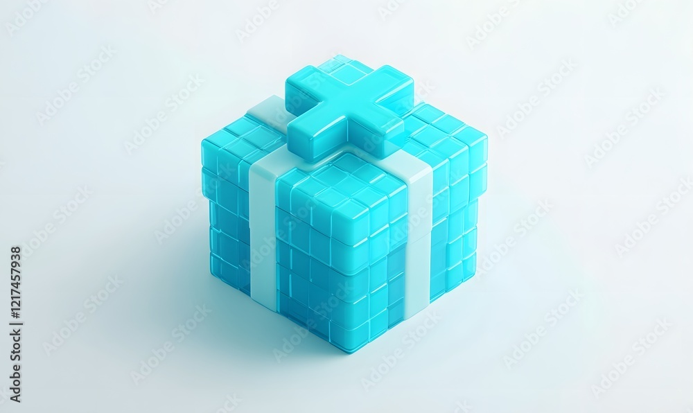 Teal pixel gift box, studio, white background, medical Teal pixel gift box, studio, white background, medical