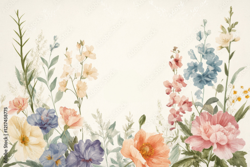 Naklejka premium Beautiful floral arrangement featuring peonies, delphiniums, and wildflowers on a light background in a serene setting