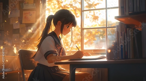 Anime-inspired Student Sketching in Sunlit Classroom