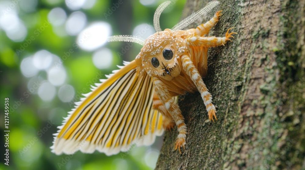Orange moth on tree trunk, forest background, nature close-up, wildlife photography Orange moth on tree trunk, forest background, nature close-up, wildlife photography