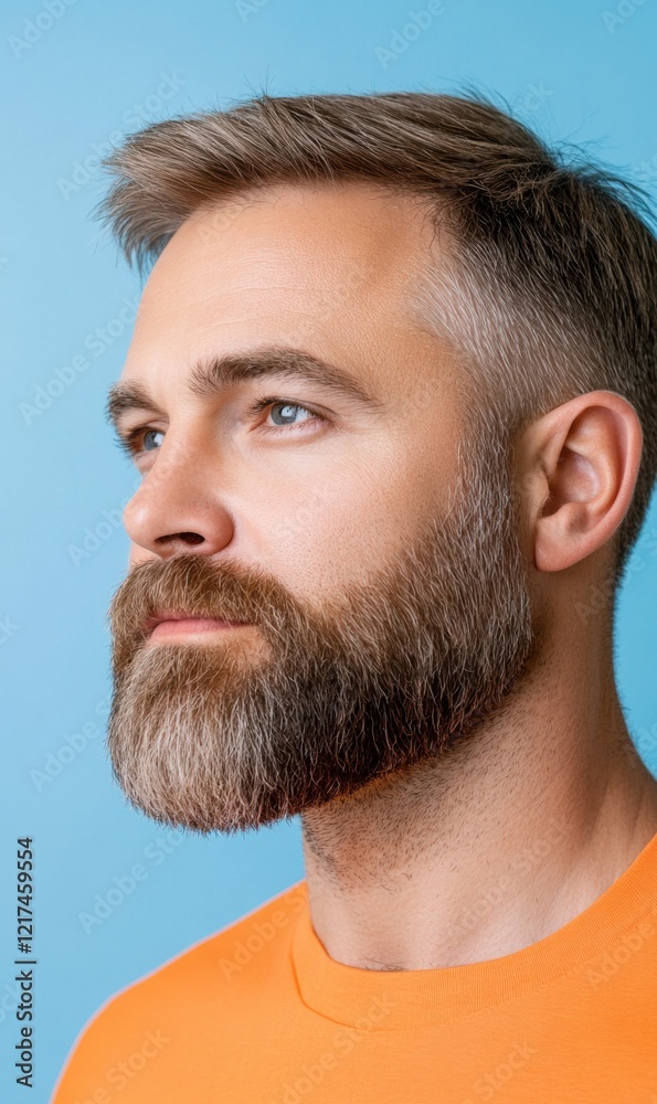 Obraz premium Thoughtful man with beard in orange shirt posing against blue background capturing modern masculinity and style