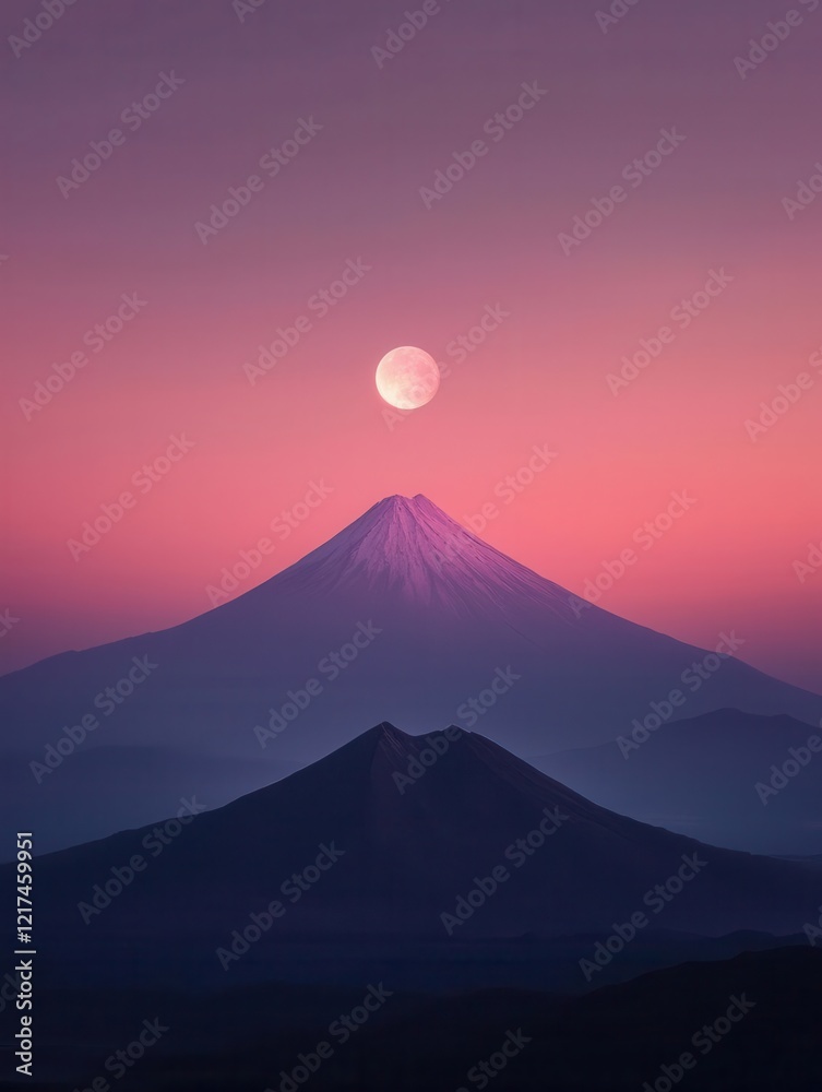 Fototapeta premium Majestic sunset over mountain peaks with a glowing moon.