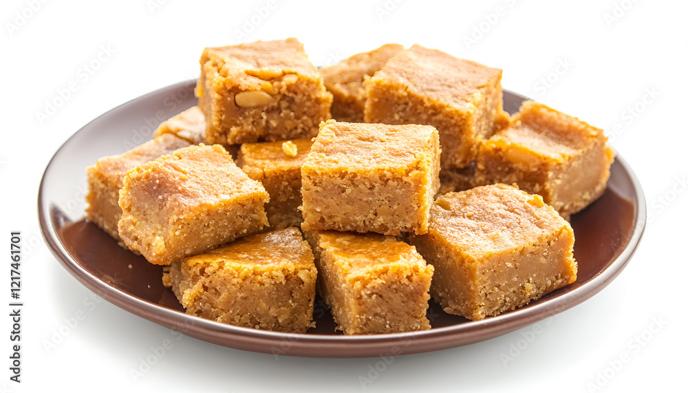 Plate with tasty peanut bars (kozinaki) isolated on white Plate with tasty peanut bars (kozinaki) isolated on white