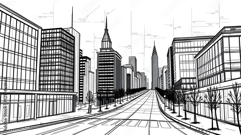 Obraz premium City graphic black white cityscape skyline sketch illustration vector. Generative AI
