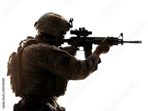 Isolated Silhouette of a Soldier Aiming a Rifle