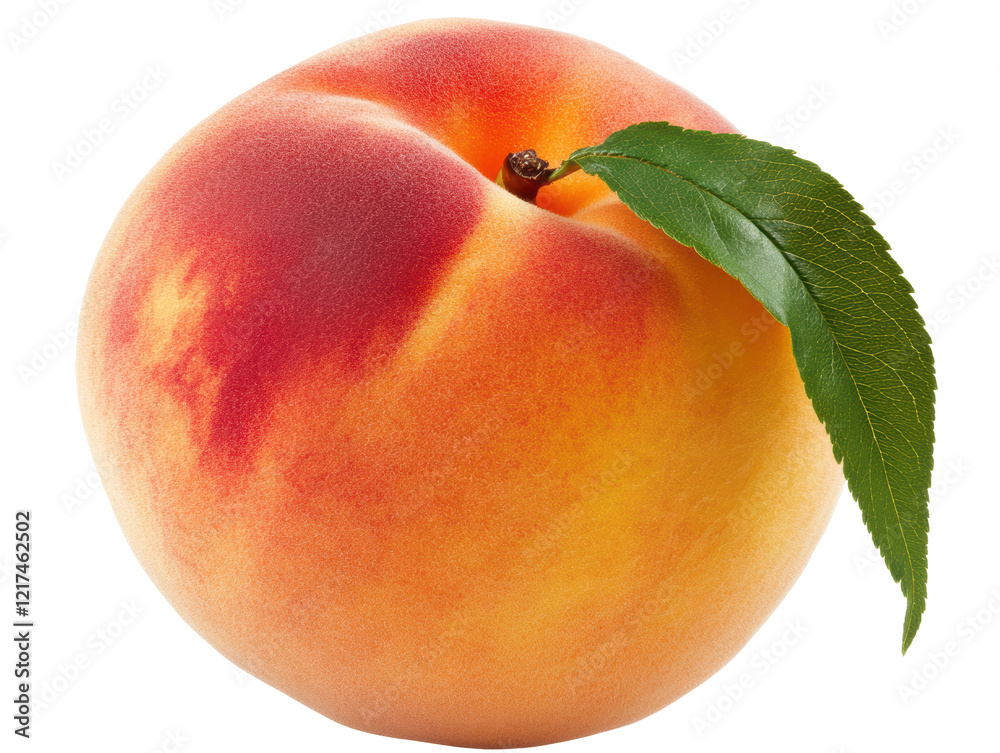 Isolated Whole Peach with Leaf and Fuzzy Skin Isolated Whole Peach with Leaf and Fuzzy Skin