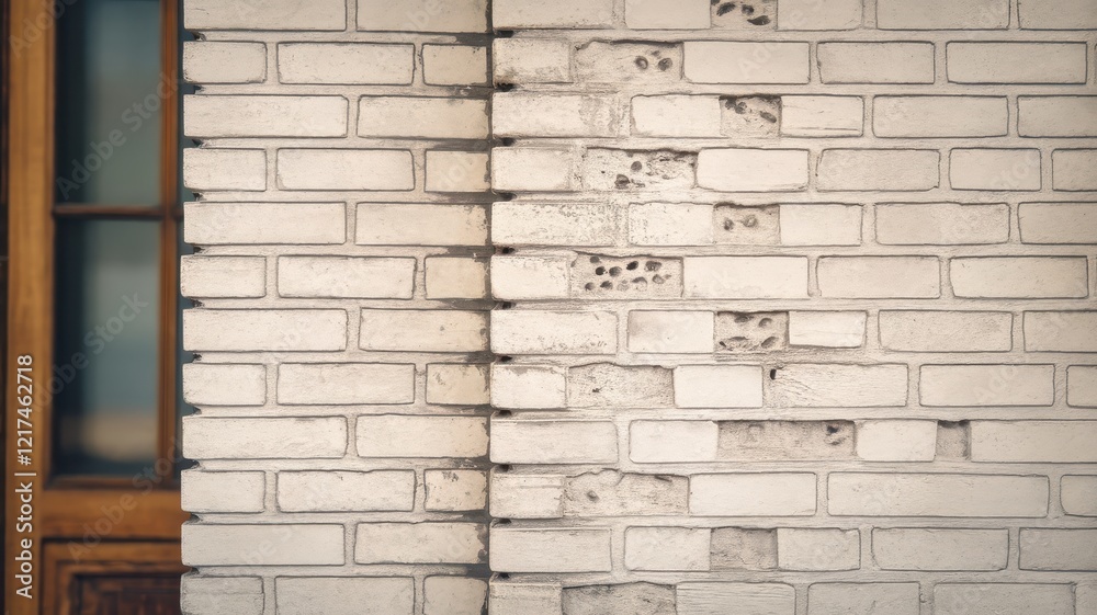 Fototapeta premium A close-up view of a textured brick wall showcasing the contrast between smooth and rough surfaces, illuminated by soft natural light.