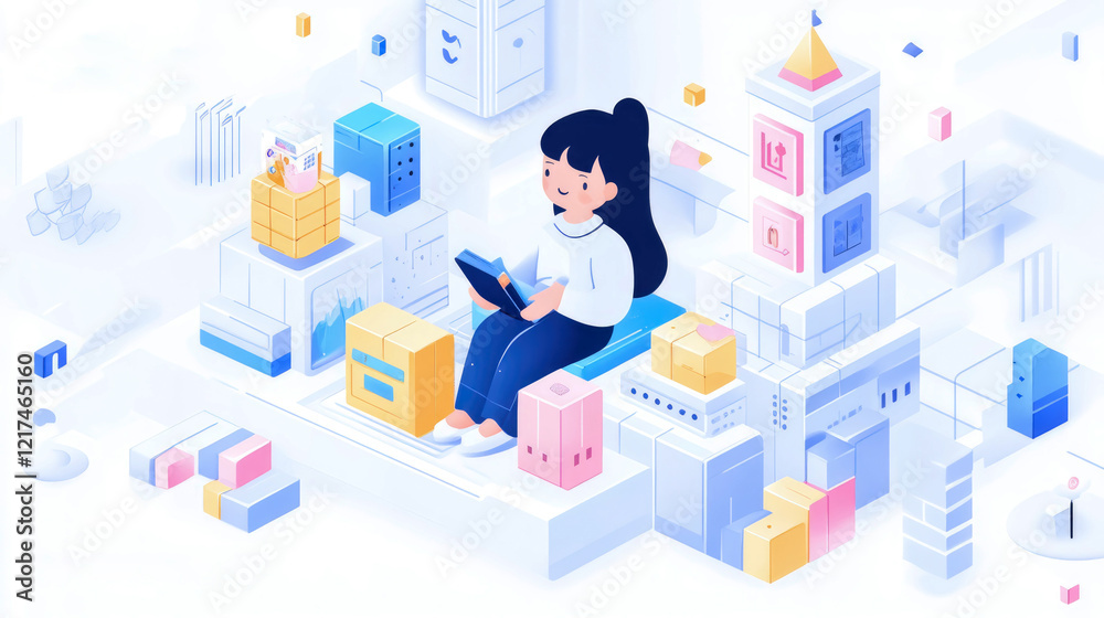 Woman Managing Online Orders amidst a 3D Isometric Warehouse Scene Woman Managing Online Orders amidst a 3D Isometric Warehouse Scene