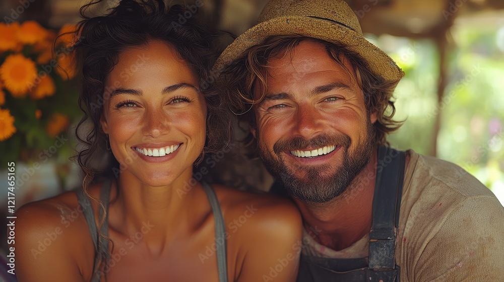 A joyful couple smiling together in a rustic setting. A joyful couple smiling together in a rustic setting.