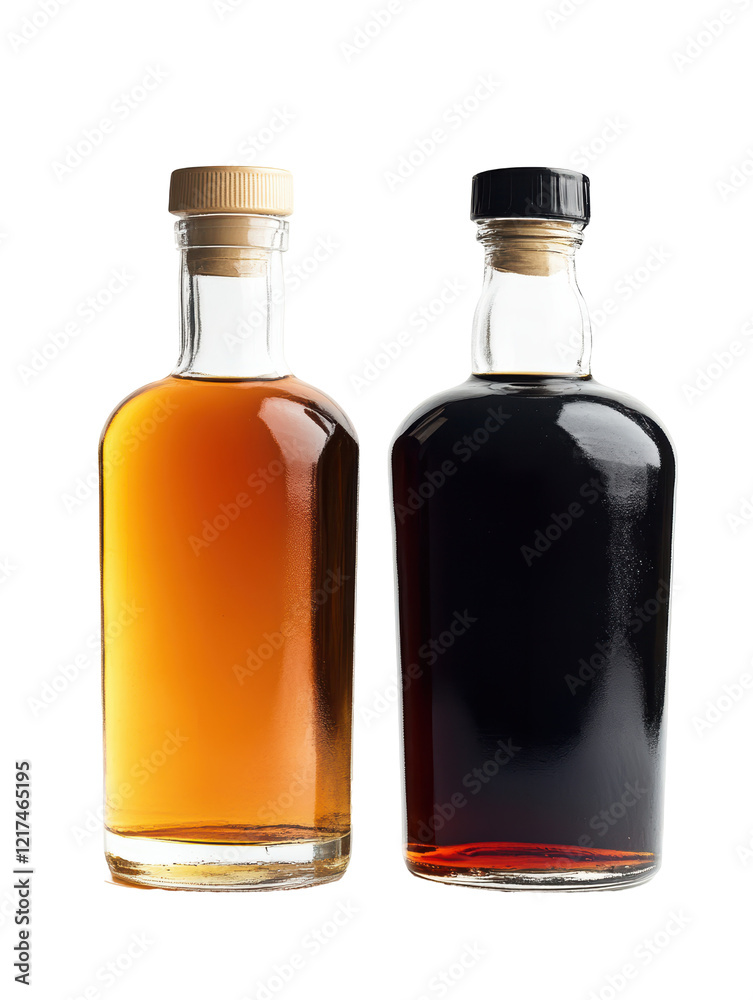 Isolated Two Glass Bottles with Colored Liquids Isolated Two Glass Bottles with Colored Liquids