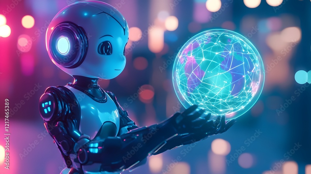 Fototapeta premium Friendly 3D Robot Holding Mini Holographic Globe in Vibrant Futuristic Setting
