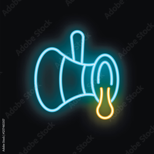 Neon sign showing a megaphone pouring out fake news with a single drop falling down, on a dark background