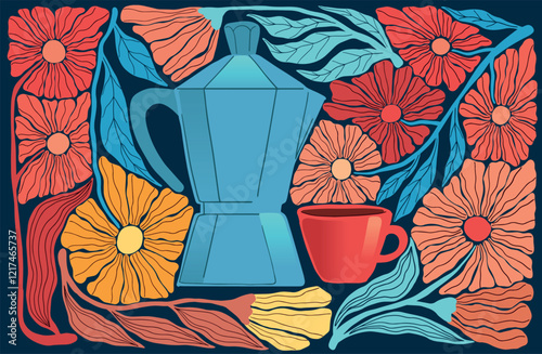 Mid Century style illustration Blooming Flowers, Cup, and Mocha, print art