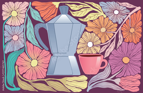 Mid Century style illustration Blooming Flowers, Cup, and Mocha, print art	