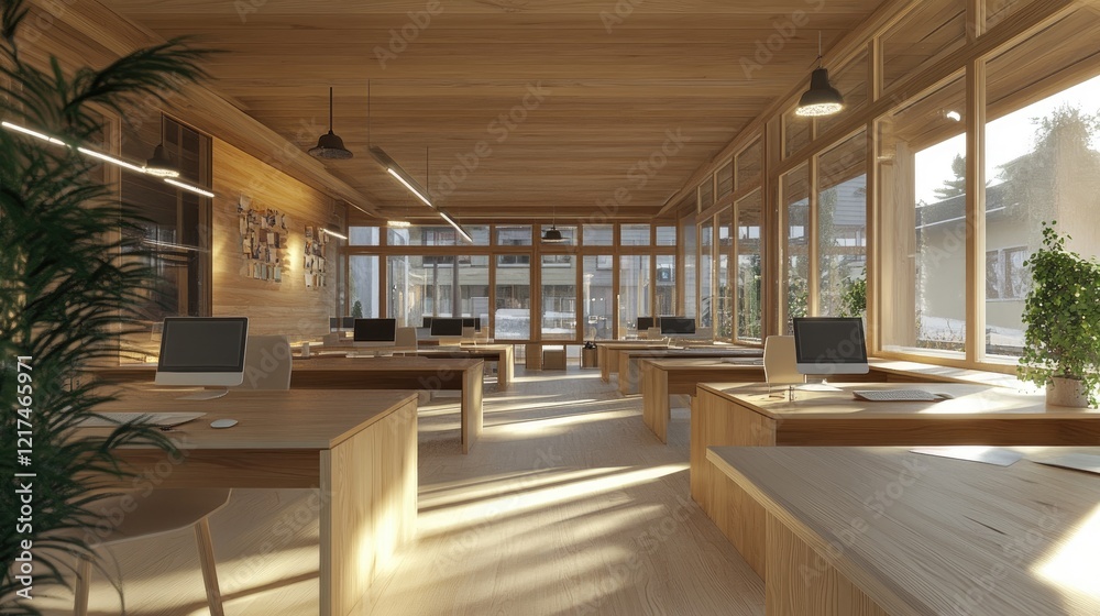 Fototapeta premium Modern Wooden Office Sunlight Interior Design