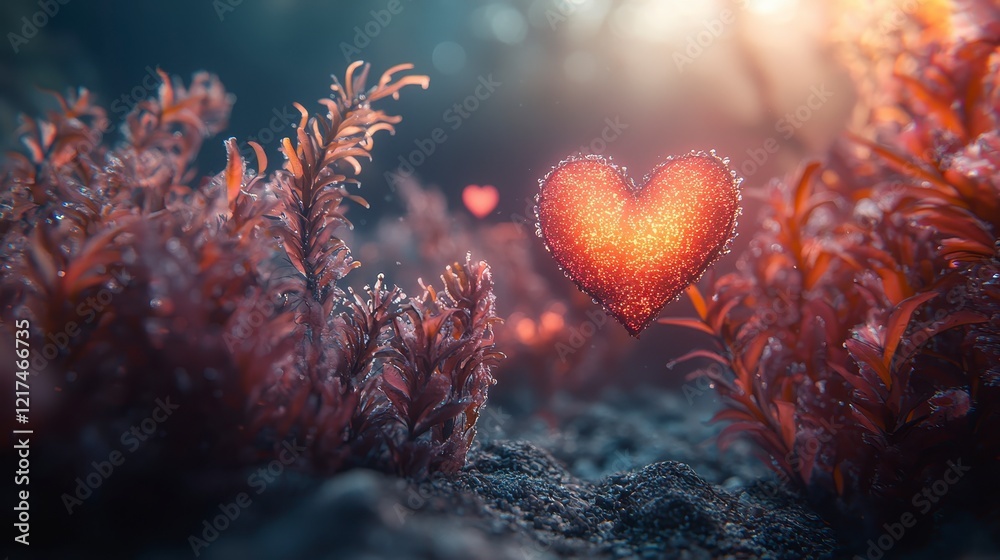 Glowing heart amidst underwater plants. Glowing heart amidst underwater plants.