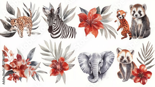 adorable tropical watercolor safari animals for nursery decor with vibrant floral jungle backdrop featuring cute wildlife art photo