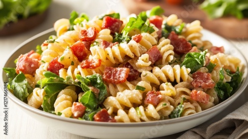 Delicious rotini pasta salad with fresh vegetables and italian dressing photo