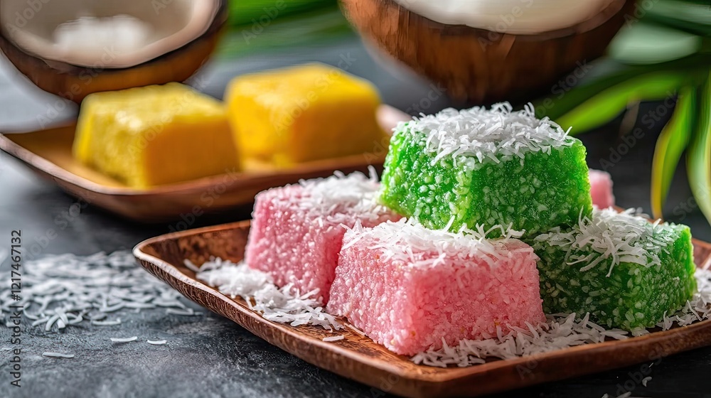 Colorful Coconut Sweets on Wooden Plate, Tropical Setting Colorful Coconut Sweets on Wooden Plate, Tropical Setting