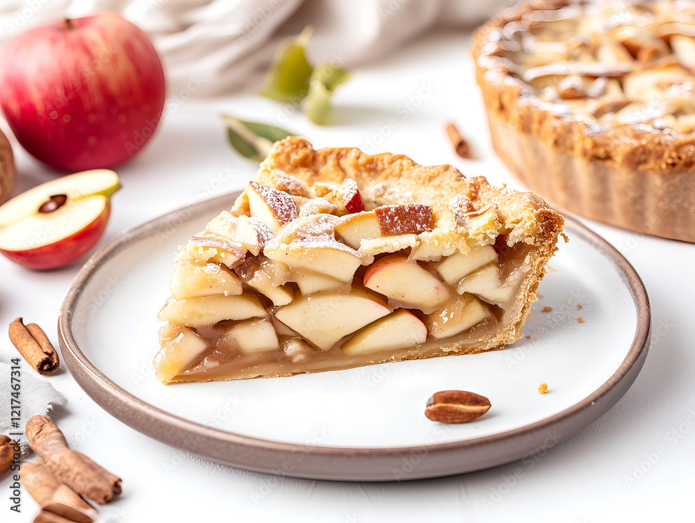 A slice of apple pie on a plate, the crust golden brown and flaky with cinnamon sticks scattered around it.  An entire apple pie is seen in the background, along with apples.