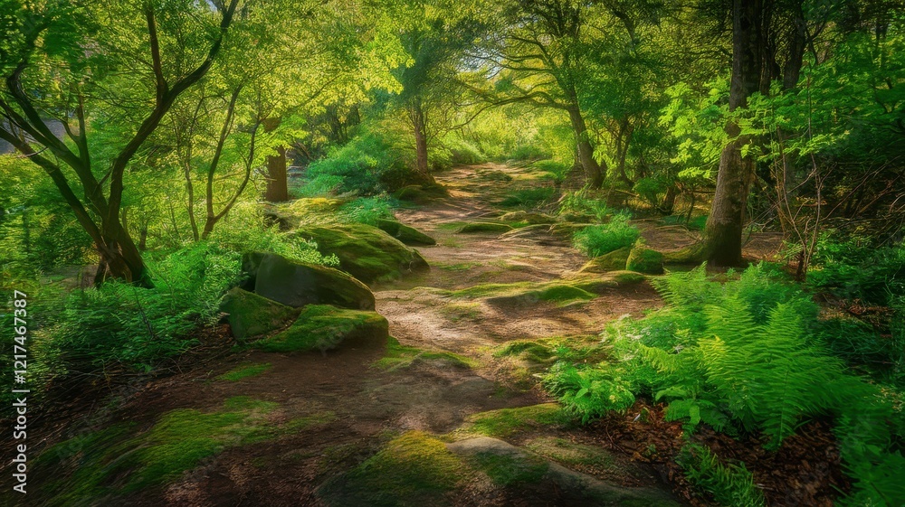A serene sunlit forest path lined with lush greenery and soft moss, inviting exploration in a tranquil natural setting. A serene sunlit forest path lined with lush greenery and soft moss, inviting exploration in a tranquil natural setting.