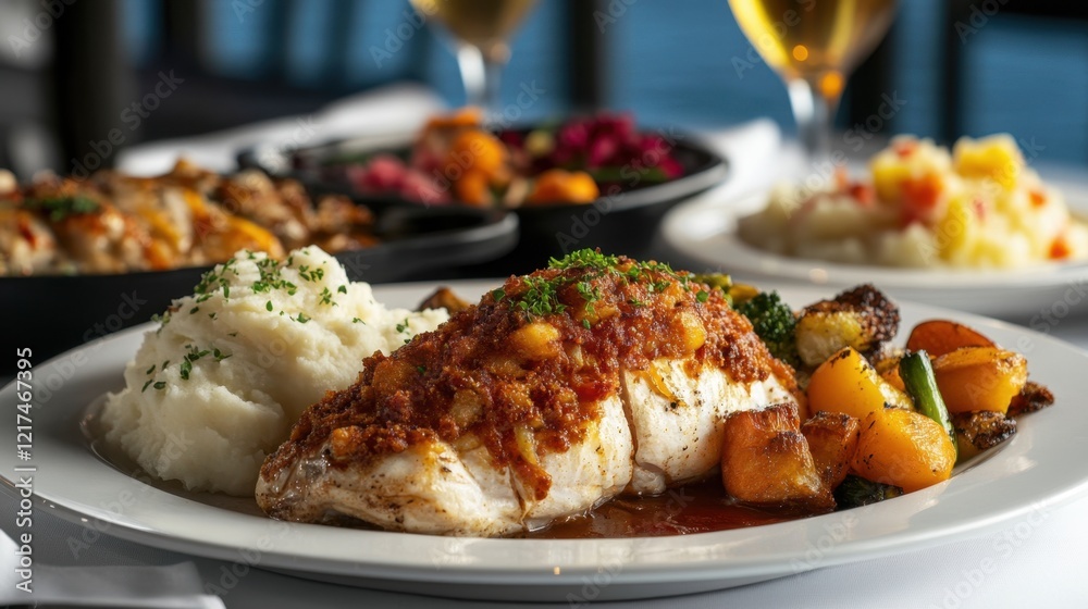 Exquisite grilled fish with garlic mashed potatoes and roasted vegetables in fine dining setting Exquisite grilled fish with garlic mashed potatoes and roasted vegetables in fine dining setting