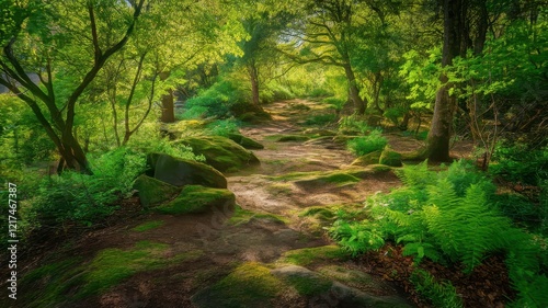 A serene sunlit forest path lined with lush greenery and soft moss, inviting exploration in a tranquil natural setting.