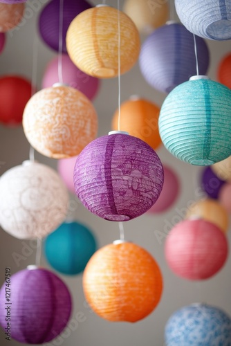 Zhonghe Festival Colorful hanging paper lanterns in various patterns and vibrant hues photo